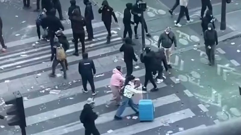 Paris'te eylemcilerin ve dumanın arasından valizleriyle geçen iki turist